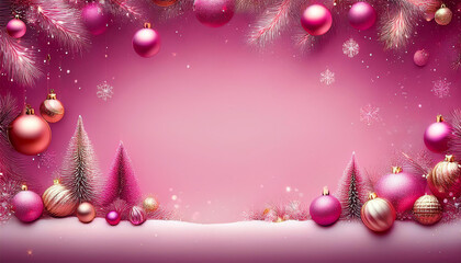 Fototapeta premium pink Christmas background with stars, glass balls and Christmas ornaments, frame, lots of space for text