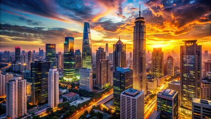 Obraz premium High-resolution 8K business presentation wallpaper featuring a modern cityscape at sunset with sleek skyscrapers, bustling streets, and vibrant lights, ideal for corporate presentations.