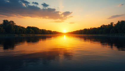 Hazy sunset over a calm river, humid weather, golden hour light