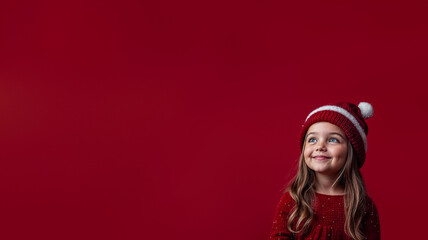 une petite fille souriante avec un chapeau de Noël, qui regarde vers la gauche, légèrement vers le haut - fond rouge, espace vide pour incrustation de texte