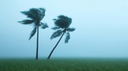 Fototapeta premium Galeforce winds bending palm trees during a tropical storm, extreme weather, powerful wind