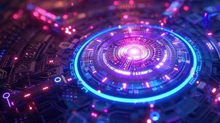 Futuristic glowing circular interface with purple and blue neon lights.