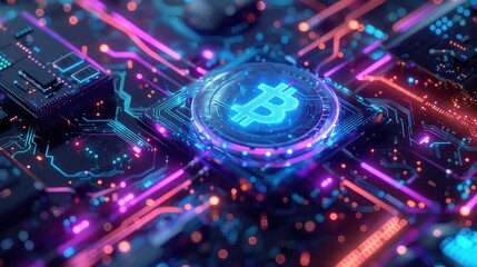 A glowing Bitcoin symbol sits on a circuit board with purple and orange lights.