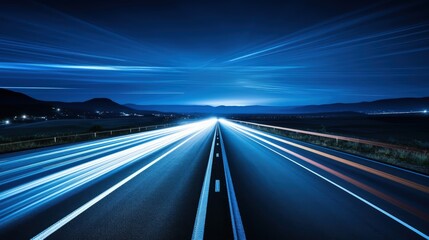 A long exposure shot of a highway at night, showcasing light trails from vehicles.