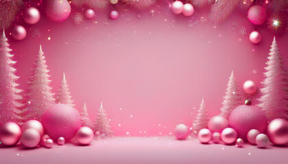 pink Christmas background with stars, glass balls and Christmas ornaments, frame, lots of space for text
