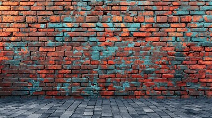 Fototapeta premium Old Red Brick Wall With Blue Paint Splashes and Cobblestone Floor