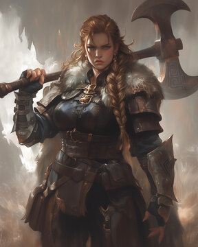 dwarven female warrior with intense gaze and braided hair, standing in full armor with a two handed axe in hand, poised for battle in a rugged landscape