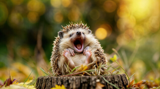 A silly hedgehog on its back and sitting on a tree stump. Mouth open as if laughting. Cute expression.