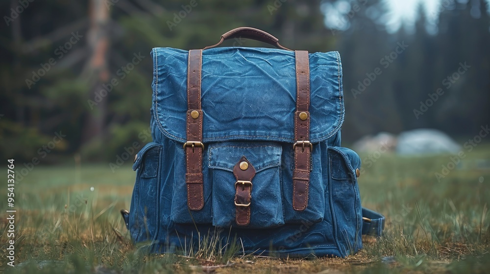 Wall mural blue backpack on grass in the forest