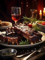 An elegant table set for dinner, showcasing succulent grilled ribs with roasted vegetables, fresh grapes, and a glass of white wine, offering a luxurious and mouthwatering culinary experience.