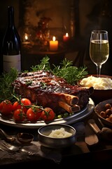 An elegant table set for dinner, showcasing succulent grilled ribs with roasted vegetables, fresh grapes, and a glass of white wine, offering a luxurious and mouthwatering culinary experience.