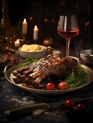 An elegant table set for dinner, showcasing succulent grilled ribs with roasted vegetables, fresh grapes, and a glass of white wine, offering a luxurious and mouthwatering culinary experience.