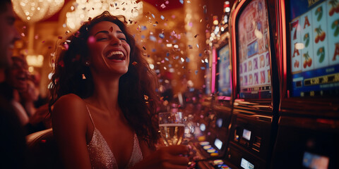 Fototapeta premium A joyful woman celebrates in glamorous casino, surrounded by slot machines and sparkling chandeliers, as confetti falls around her.