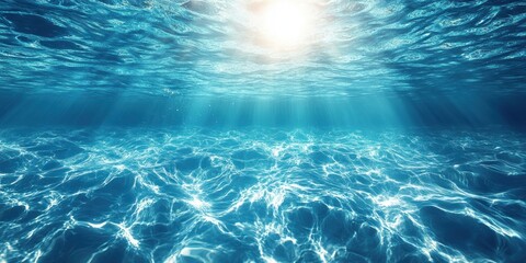 Underwater View of Sunbeams Shining Through Rippling Blue Water