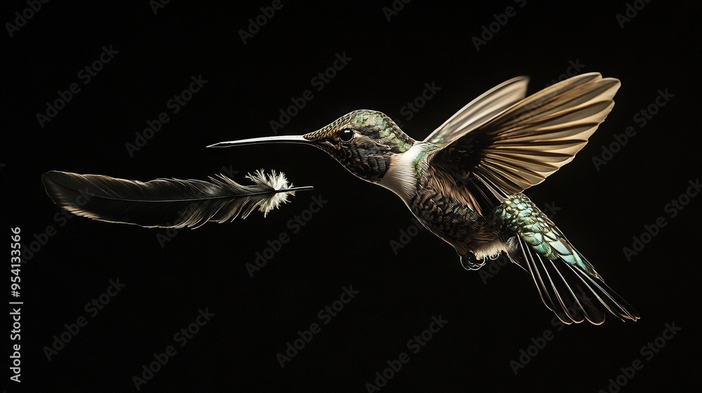 Poster   Hummingbird flying with feather in mouth against black backdrop