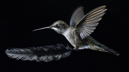 Fototapeta premium A bird flying with a feather in its mouth and wings open