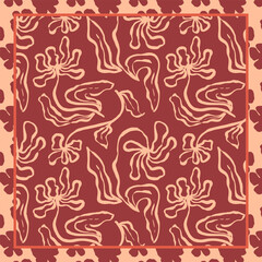 Monochrome peach and red color brush strokes inky flowers scarf or bandana design. Abstract floral contemporary background.