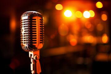 a microphone is sitting in front of a blurred background of lights