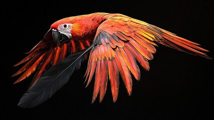 Fototapeta premium Red and yellow parrot flying in air, wings spread, black background