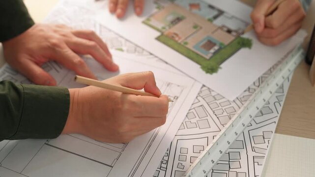 Professional engineer team discussion about house design on meeting table with architectural equipment and building blueprint scatter around at modern office. Focus on hand. Closeup. Delineation.