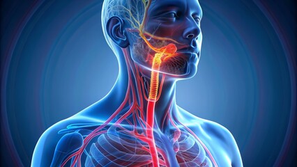 Illuminated 3D illustration of the human esophagus, a muscular tube transporting food from the throat to the stomach,