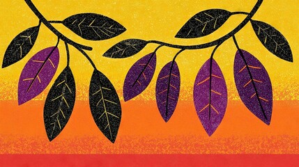  Branch & Leaves on Orange, Yellow & Red Background