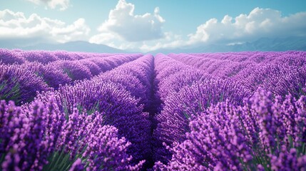 Obraz premium Lavender field under blue sky with clouds in background and rows of lavender flowers in foreground