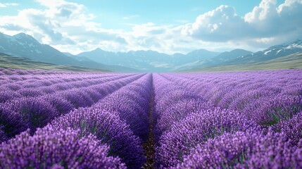 Obraz premium Lavender field before mountains with blue sky and white clouds