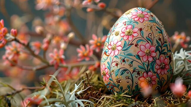 Decorated easter egg with floral patterns in spring setting, artistic design concept