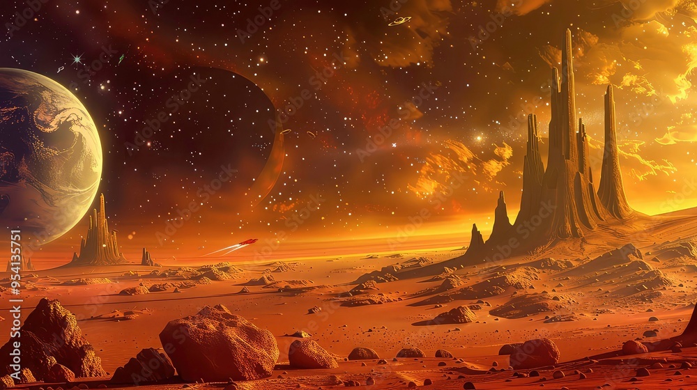 Wall mural a spaceship flies over an alien planet with a large moon in the background.