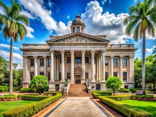 Fototapeta premium Impressive neoclassical-style courthouse building with grand entrance, columns, and ornate details, set amidst lush