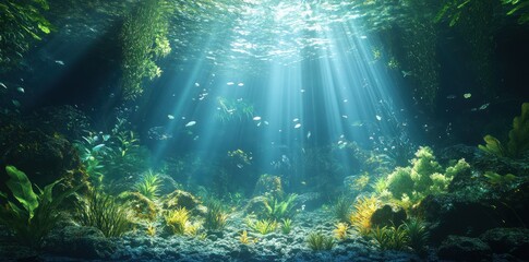 Obraz premium Underwater Scene with Sunlight Beams and Aquatic Plants