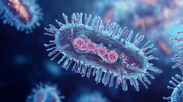 Mpox virus illustration. Microscopic view of floating orthopoxvirus virus cells.