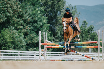 Skilled equestrian rider jumping horse over colorful hurdle in an outdoor arena, showcasing the elegance and precision of horse riding.