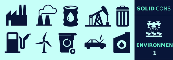 Environmental SOLID icon set for presentation, explanation, marketing. Building silhouettes of recycle symbols, environment, waste, green energy and many more. Editable outline, size and color.