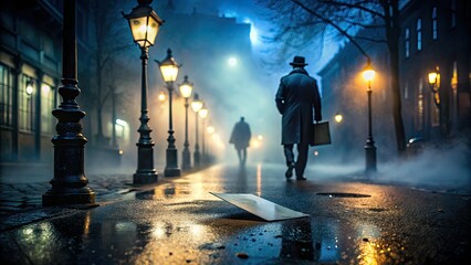 Obraz premium Mysterious shadows engulf a torn identity card on a dark gritty city street at night with a hint of fog and a lonely streetlamp glow