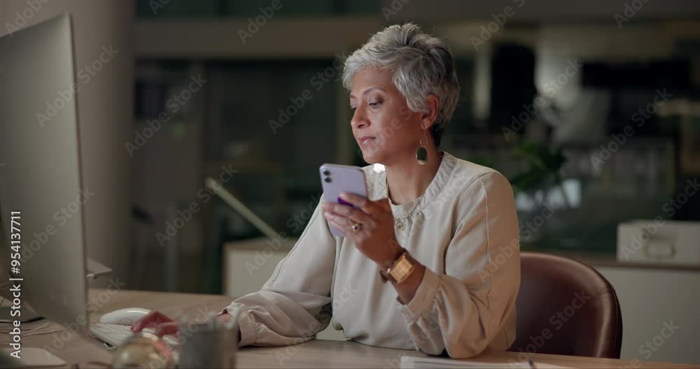 Poster business, woman and smartphone at night in office with computer for task and project deadline. matur