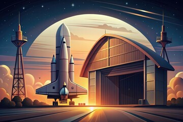 retro style hangar vector spacecraft launchpad twilight shadows