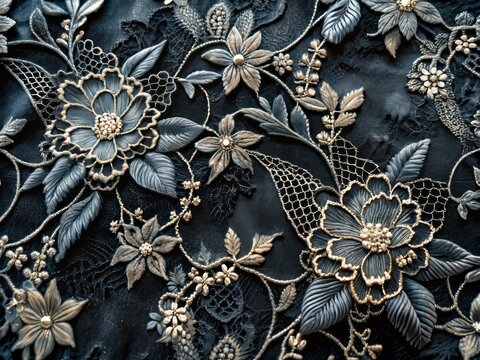 Intricate black lace patterns adorn a dark velvet background, showcasing delicate floral motifs and subtle texture,