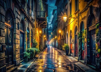 Fototapeta premium nocturnal milan urban jungle city streets dimly lit alleys graffiti street art moody atmospheric mysterious night shadows dark romance gritty realism
