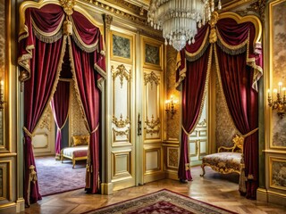 sumptuous velvet-covered doors with gold tassels leading to decadent boudoir with plush carpeting and ornate mirrors in soft golden light