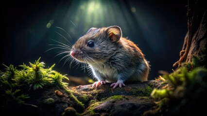 noir-inspired vole in dramatic shadows and highlights amidst dark mysterious forest atmosphere