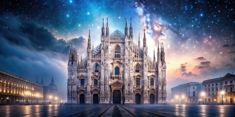Naklejka premium ethereal milan cathedral nighttime exterior majestic gothic architecture starry night sky subtle misty fog delicate soft focus romantic mystical serene atmosphere