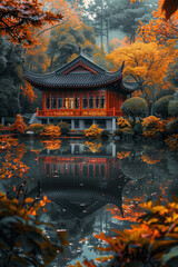 Fototapeta premium Autumn Reflection: Tranquil Traditional Pavilion Surrounded by Vibrant Foliage and Serene Pond