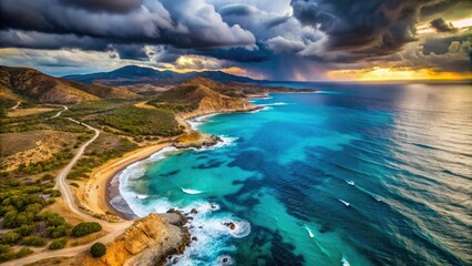 stunning drone shot of Argolis Regional Unit's rugged coastline with turquoise waters and rolling hills under a dramatic stormy sky