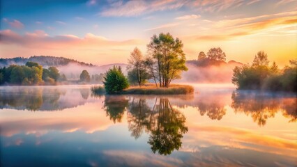 Fototapeta premium ethereal lake mist morning dreamy surrealism soft silky water tranquil atmosphere subtle colors serene mood contemplation peacefulness nature escape