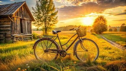Fototapeta premium Rustic country serenity warm golden hour soft-focus selective shallow depth vintage bike distressed tire tranquil rural landscape earthy tones natural textures harmony