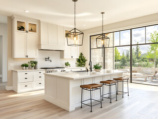 Modern and bright kitchen showcasing a sleek island and bar stools for a chic look