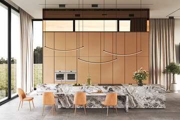 Modern kitchen design featuring an elegant marble island enhanced by natural light, 3d rendering
