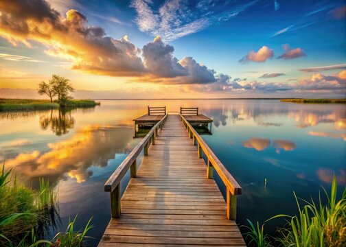 Idyllic serene atmosphere of isolated wooden dock on Lake Okeechobee, soft morning light, warm colors, shallow depth, tranquil mood, solitude concept
